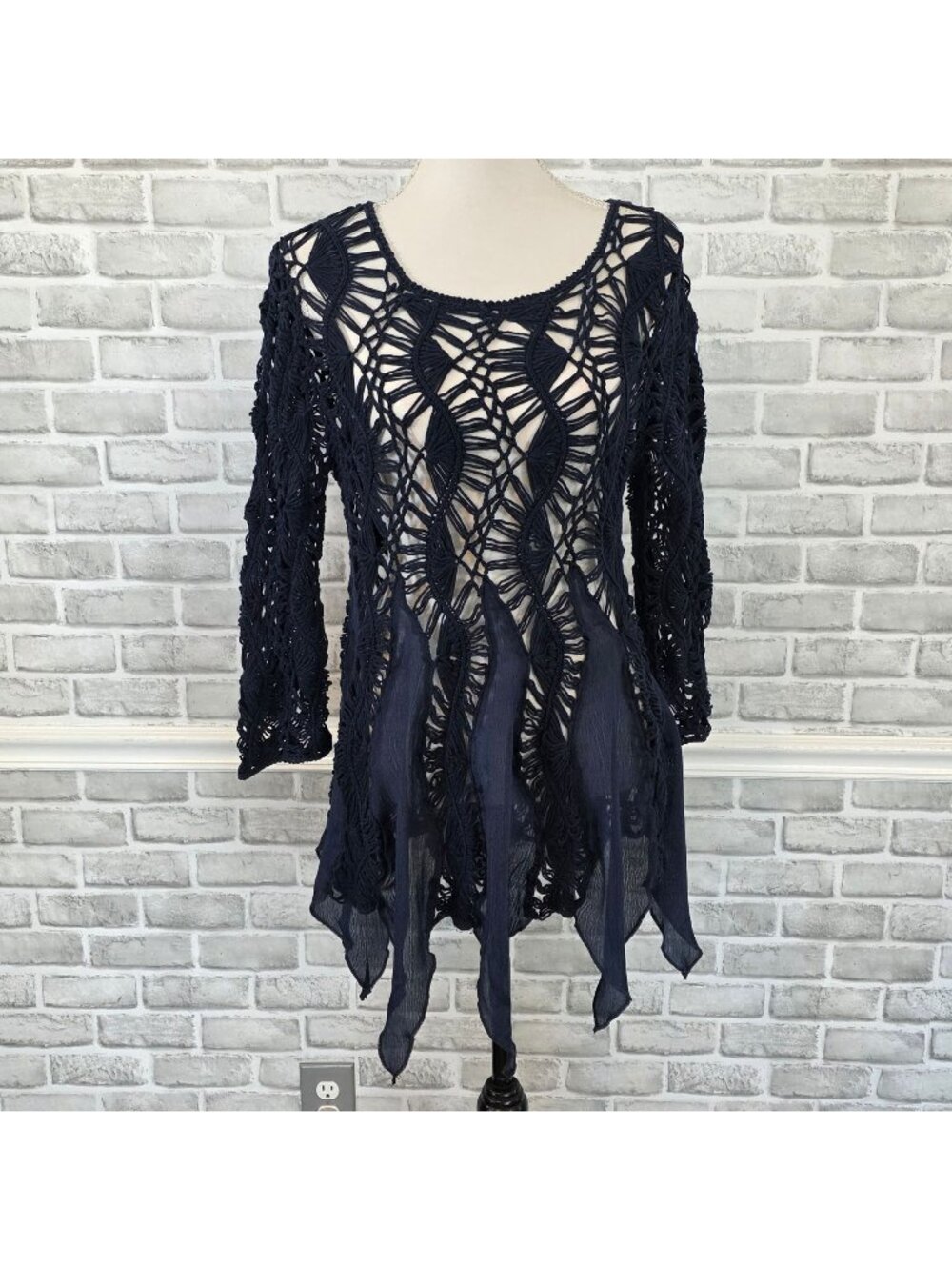 Monroe Main Navy Cotton Crochet Boho Tunic Sharkbite Hem Beach Retro Grunge L
